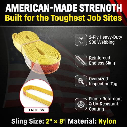 DD Sling 2" x 8' Nylon Endless Lifting Sling – USA Made | 12,800 lb Vertical, 10,200 lb Choker, 25,600 lb Basket – 2 Ply Heavy Duty 900 Webbing, Type 5 Endless Rigging Sling - size: 2"x8'