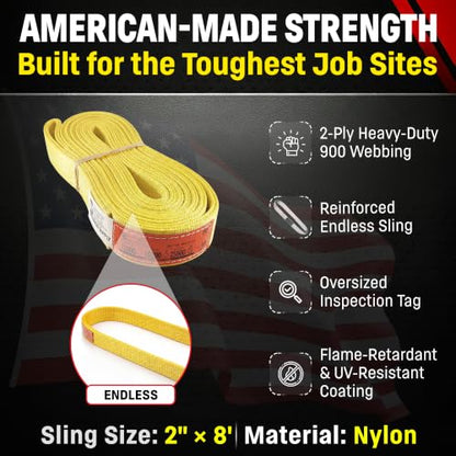 DD Sling 2" x 8' Nylon Endless Lifting Sling – USA Made | 12,800 lb Vertical, 10,200 lb Choker, 25,600 lb Basket – 2 Ply Heavy Duty 900 Webbing, Type 5 Endless Rigging Sling - size: 2"x8'