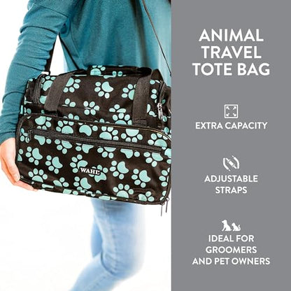 WAHL Professional Animal Travel Tote Bag with Zipper - Travel Bag - Storage Pack for Grooming Supplies - for Dog, Cat & Pet Groomers - 28.8 Inches, Turquoise Paw Print Design (#97764-300) - color: Black and Turquoise