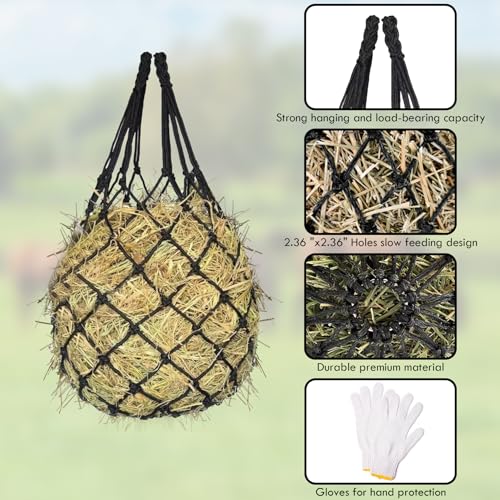 2PCS Hay Net for Horses - Ultra Slow Feed Hay Net with 2 Pairs Gloves, 2.36"x2.36" Holes 40” Heavy-Duty Horse Slow Feed Hay Nets for Stall, Trailer, Pasture - Strong & Durable Hanging Feeders
