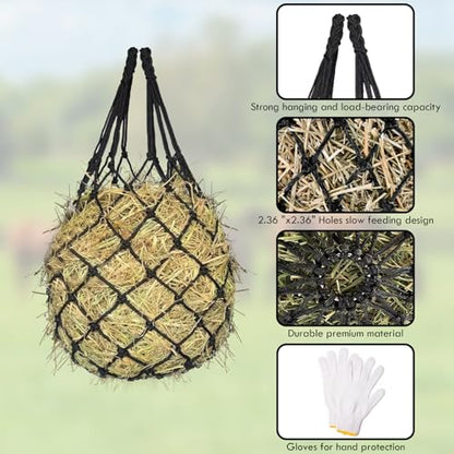 2PCS Hay Net for Horses - Ultra Slow Feed Hay Net with 2 Pairs Gloves, 2.36"x2.36" Holes 40” Heavy-Duty Horse Slow Feed Hay Nets for Stall, Trailer, Pasture - Strong & Durable Hanging Feeders