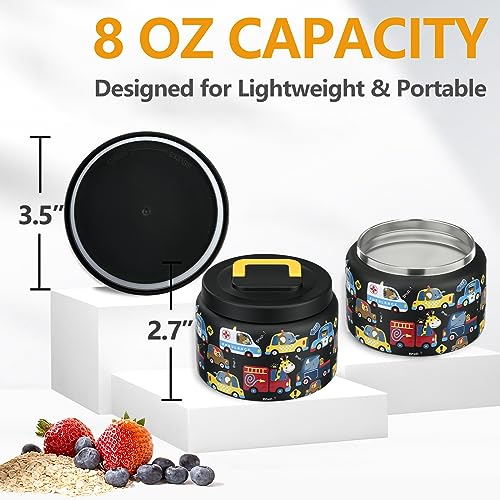 PIQUEBAR 8oz Kids Thermo for Hot Food,Small Lunch Thermo Food Container Stainless Steel,Easy Open Wide Mouth Thermo for Hot Cold Food for Preschool Travel - color: Black Animal Truck