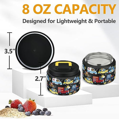 PIQUEBAR 8oz Kids Thermo for Hot Food,Small Lunch Thermo Food Container Stainless Steel,Easy Open Wide Mouth Thermo for Hot Cold Food for Preschool Travel - color: Black Animal Truck