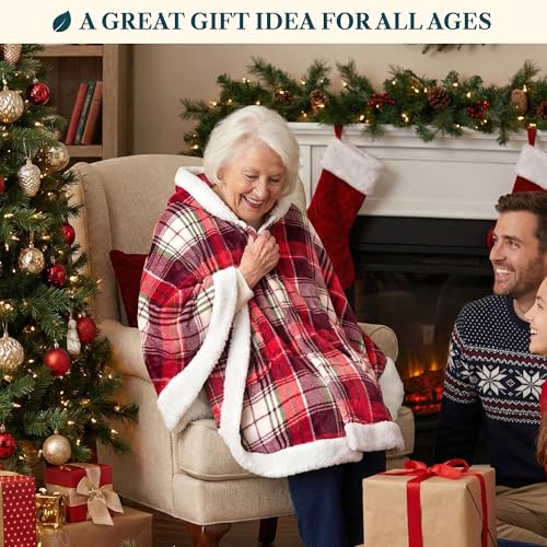 PAVILIA Hooded Blanket Poncho Fleece Wearable Shawl Wrap Throw Tartan Plaid | Fleece Shawl Wrap with Hood, Adult Wearable Blanket, Cozy Warm Poncho Cape Throw with Pockets, Gift for Elderly Mom - color: Tartan Plaid