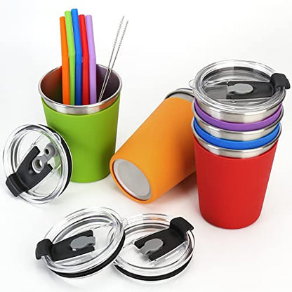 ShineMe 5Pack Kids Cups with Straws and Lids Spill Proof, 12oz Toddler Straw Cups with Colorful Silicone Sleeves, Unbreakable Stainless Steel Water Tumblers for Cold & Hot Drinks - color: orange, purple, red, green, blue