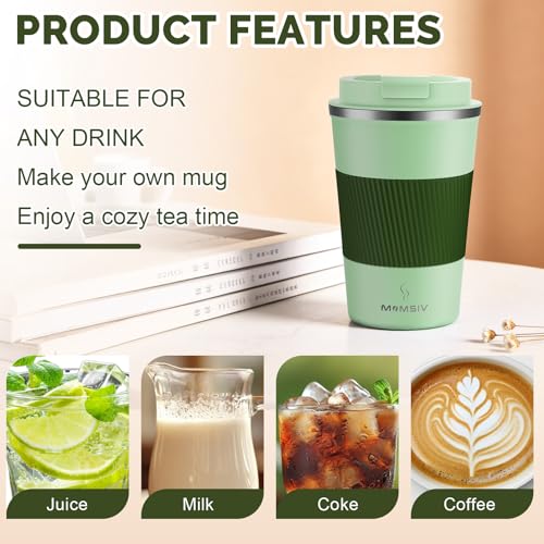 MOMSIV 12oz Travel Coffee Mug, Insulated Coffee Cup with Leakproof Lid - color: B-Light Green-12oz