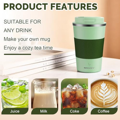 MOMSIV 12oz Travel Coffee Mug, Insulated Coffee Cup with Leakproof Lid - color: B-Light Green-12oz