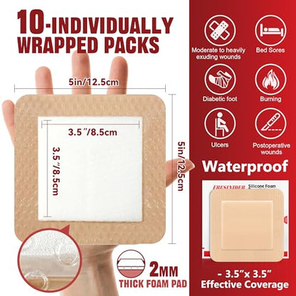 FRESINIDER Silicone Foam Dressing with Adhesive Border – Wound Dressing Bandage – Silicone Foam Pad – Pack of 10 – 5 x 5 Inches Large Waterproof Bandages – Self Adhesive Wound Care and Dressings - size: 5" x 5",10pack