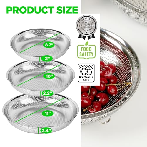 Shallow Stainless Steel Colander Set of 3, 2/3/4 Qt, Berry Tray - size: 2+3+4QT Colander