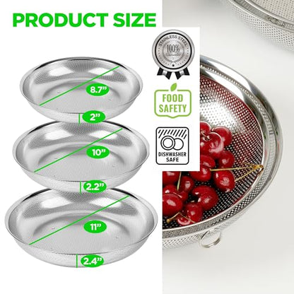 Shallow Stainless Steel Colander Set of 3, 2/3/4 Qt, Berry Tray - size: 2+3+4QT Colander