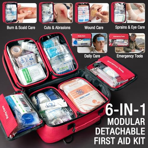 528 PCS Advanced First Aid Kit – Large 6-in-1 Modular Waterproof Well-Organized Emergency Kit for Home, Car, Travel, Camping, Boat & Outdoor - color: Red