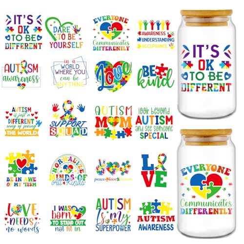 Rngmsi UV DTF Cup Wrap - 20 Sheets Autism Awareness UVDTF Cup Wraps for 16 oz Glass, Colorful Puzzle Decals for Mugs Water Botters, Waterproof Rub on Transfer Stickers, DIY Crafts - style: Autism Awareness