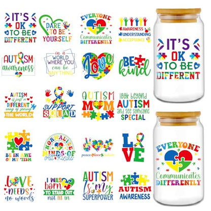 Rngmsi UV DTF Cup Wrap - 20 Sheets Autism Awareness UVDTF Cup Wraps for 16 oz Glass, Colorful Puzzle Decals for Mugs Water Botters, Waterproof Rub on Transfer Stickers, DIY Crafts - style: Autism Awareness