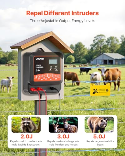 VEVOR Multi-Powered Electric Fence Charger, 2J/3J/5J, Electric Fence Energizer with Real-Time LED Display, 6.2 Miles Range, AC DC Powerful Fences Charger, Keep Out Wild Animals, for Livestock Poultry - size: 2J/3J/5J