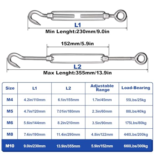 TooTaci 10PCS M10 Turnbuckle, 304 Stainless Steel Turnbuckle Hook and Eye | Turnbuckle Wire Tensioner, 660 lb Heavy Duty Adjustable Turnbuckles for Cables Wire, Cable Tightener, Trampoline, Tent, Tarps - size: M10 OC-10Pcs