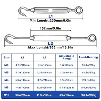 TooTaci 10PCS M10 Turnbuckle, 304 Stainless Steel Turnbuckle Hook and Eye | Turnbuckle Wire Tensioner, 660 lb Heavy Duty Adjustable Turnbuckles for Cables Wire, Cable Tightener, Trampoline, Tent, Tarps - size: M10 OC-10Pcs