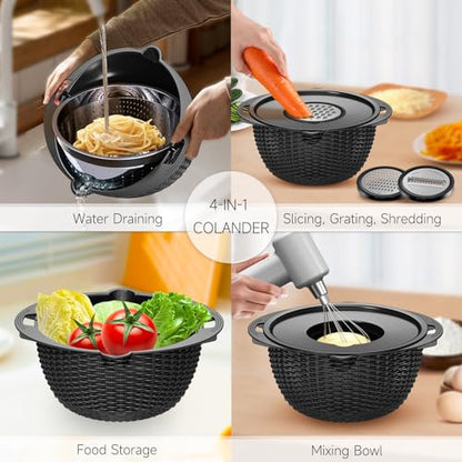 4-1 Colander with Bowl Set - Pasta Strainer - Colander for Kitchen - Strainers and Colanders Rice Strainer Fruit Cleaner Veggie Wash Sink Strainer Kitchen Essentials - Black - color: Black