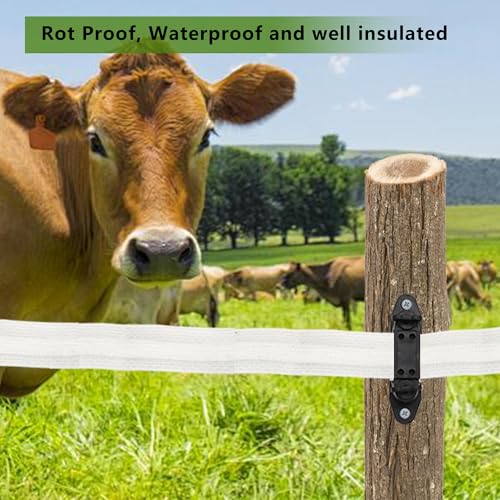 Electric Fence Tape Clamp Tensioner Insulator, 25 Count, Black | Plastic Polytape Corner, Wood Post Nail Holding, With Screw, For Livestock, Garden, Farm