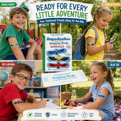 Hugging Birds - Premium Adhesive Bird Bandages from Hug-a-BooBoo, The Bird Bandages that Hug! Pretty Colorful Birds - American Goldfinch, Blue Jay, Red Cardinal, Indian Parrot 24 Ct Box - size: 24ct, style: Hugging Birds
