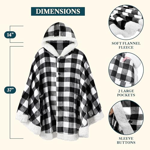 PAVILIA Hooded Blanket Poncho Fleece Wearable Shawl Wrap Throw, Plaid White | Fleece Shawl Wrap with Hood, Adult Wearable Blanket, Cozy Warm Poncho Cape Throw with Pockets, Gift for Elderly Mom - color: Checker White