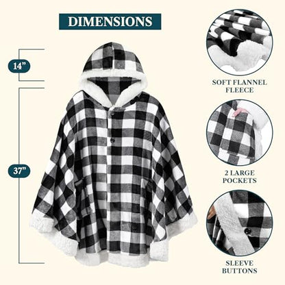 PAVILIA Hooded Blanket Poncho Fleece Wearable Shawl Wrap Throw, Plaid White | Fleece Shawl Wrap with Hood, Adult Wearable Blanket, Cozy Warm Poncho Cape Throw with Pockets, Gift for Elderly Mom - color: Checker White