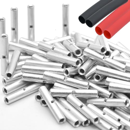SVAAR 100PCS 24-18 Gauge Non Insulated Butt Connectors 24-18 AWG Uninsulated Butt Splices Tinned Copper Marine Grade Seamless Barrel Crimp Butt Splice Terminals & 100PCS 3:1 Adhesive Lined Heat Shrink - size: 24-18 AWG