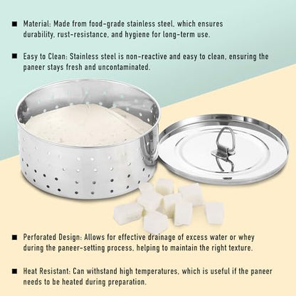 KSJONE Stainless Steel Round Paneer Maker/Mould/Strainer Perfect for Making Delicious Tofu, Stainless Steel Paneer Maker with Top Pressing Lid - Size 5.5"W x 5.5"L x 2.3"H inches - size: Round