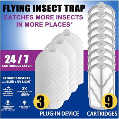 Flying Insect Trap (3 Plug-in & 9 Cartridges Refill) Indoor Use, UV Light Bug Catcher for Fruit Flies, Gnats & Small Flying Pests - style: 3 Plug-in & 9 Refill