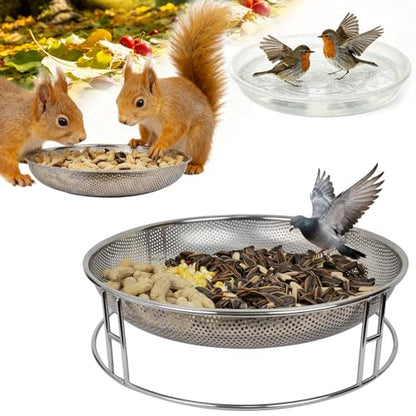 13-Inch Ground Bird Feeder and Bath Combo, Stainless Steel Feeding Platform for Birds & Squirrels, with Dual Birdseed Mesh Trays, Birdbath, Attracting Creatures to Backyard, Patio - color: bird feeder & bath combo