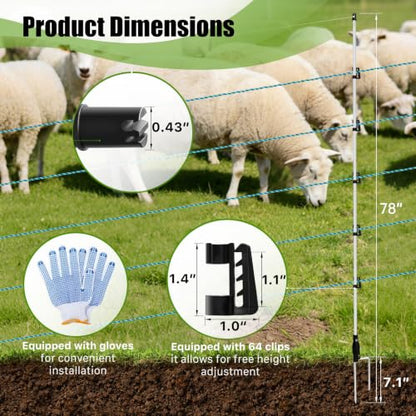 78 Inch / 6.5 Ft Fiberglass Electric Fence Posts, 32 Pack with Double Spikes & 160 Clips - Heavy Duty Farm Garden Livestock Fencing | Holds Wire/Tape/Rope - color: White, size: 78" 32 Posts-160 Clips