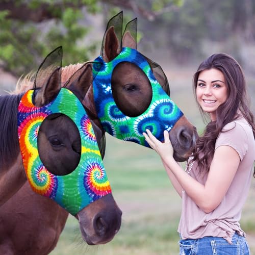 Weewooday 2 Pieces Horse Fly Masks for Horses Soft Fly Masks for Ears Smooth and Elasticity Mask with UV Protection(Tie-dye Pattern,M) - size: M
