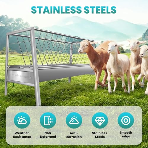 96 Gallon Goat Hay Feeder, 5 Ft Hay Feeder with 30 Gallon Feed Pan, All Steel Frame Hay Feeder, Pasture Feeder Powder Coated Surface Steel Feeding Goats, Cow, Horse for Farms (Stainless Steel) - color: Stainless steel