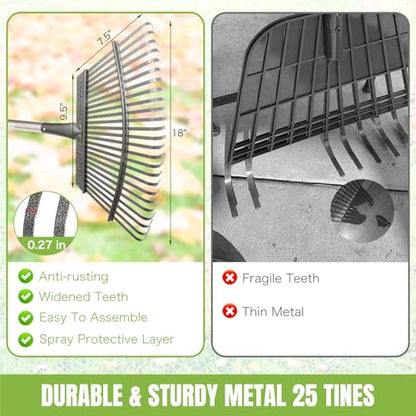 65 Inch 25 Tines Metal Leaf Rake Set with 32 Gal Bags Scoops, 18in Wide | Heavy duty lawn rake, Garden leaf collector, Yard clean up tool, Metal tines rake, Camping gear, Shrub rake, Weed remover - style: Green