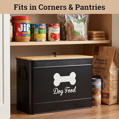Metal Dog Food Container 15-20 lbs w/ Airtight Bamboo Lid, 70 Cup Capacity - color: Black