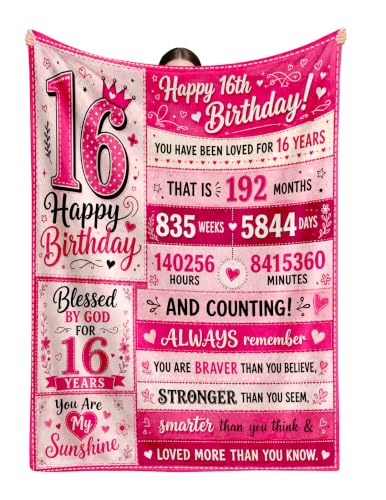 Sweet 16 Gifts for Girls, 16th Birthday Blanket, Stuff for 16 Year Old | 16 Year Old Girl Birthday Gift Ideas, Birthday Thanksgiving Christmas Sweet Sixteen Gift, Soft Throw Flannel Blanket 50*60 - color: 16 Pink Checkered