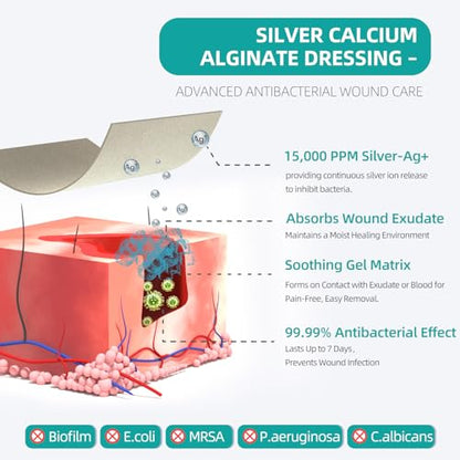 Dimora Upgrade Silver Calcium Alginate Wound Dressing -Silver-Infused Wound Care Non Stick Gauze for Wounds Care, Highly Absorbent Sterile Bandage Pads with Ag, 2'' x 2'' Patches 12 Packs Individual - size: 2'' x 2'', style: Upgrade Ag alginate 12pack(2''