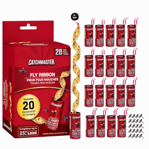 Catchmaster Fly Ribbon 20-Pack, Bug & Fly Traps Outdoor and Indoor, Premium Adhesive Sticky Strips & Gnat Hanging Strips, Bulk Flying Insect Paper Rolls, Pesticide-Free Home Pest Control - style: 20 Pack