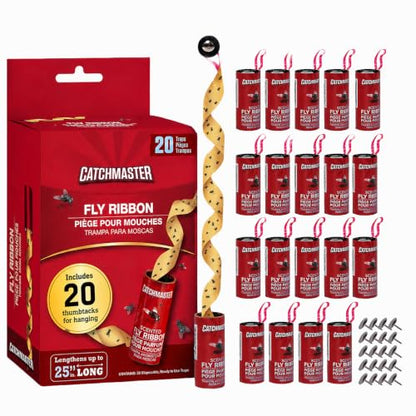 Catchmaster Fly Ribbon 20-Pack, Bug & Fly Traps Outdoor and Indoor, Premium Adhesive Sticky Strips & Gnat Hanging Strips, Bulk Flying Insect Paper Rolls, Pesticide-Free Home Pest Control - style: 20 Pack