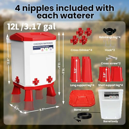 3.2 Gallon Heated Chicken Waterer with 4 Nipple Drinkers - Adjustable Height, BPA-Free, Freeze-Proof, 110V Electric, Suitable for Chickens, Ducks, Geese & Quails,12L (2)