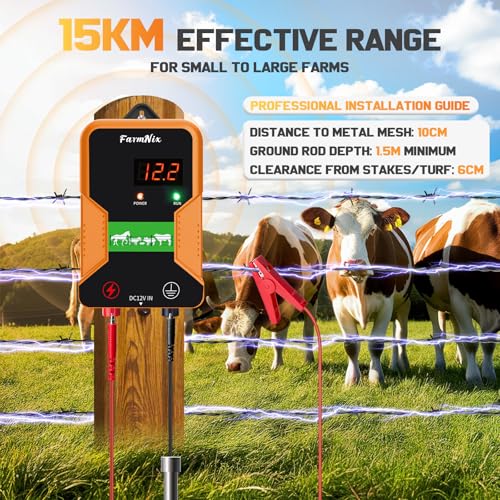 Electronic Fence Controller 15KM Electric Fence Charger 12kV 2J Power Pulse Agricultural Fencing Controller Electric Fencer Kit for Livestock Farm Garden Goat Cattle Horse Deer Electric Fencer Charger