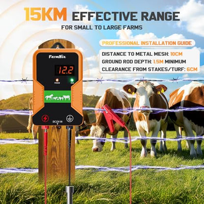 Electronic Fence Controller 15KM Electric Fence Charger 12kV 2J Power Pulse Agricultural Fencing Controller Electric Fencer Kit for Livestock Farm Garden Goat Cattle Horse Deer Electric Fencer Charger
