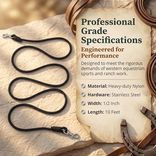 Professional Roper Rein, Soft Broken-in Nylon Braiding, Converts to Training Lead, Durable Stainless Steel Hardware, 1/2" x 10' Heavy-Duty Equestrian Horse Reins & Lead Rope