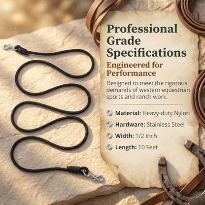 Professional Roper Rein, Soft Broken-in Nylon Braiding, Converts to Training Lead, Durable Stainless Steel Hardware, 1/2" x 10' Heavy-Duty Equestrian Horse Reins & Lead Rope