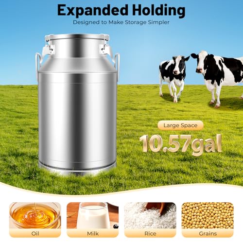 10 Gal Stainless Steel Milk Can with Airtight Lid, 40L Heavy Duty Sealed Bucket for Liquid and Grain Storage for Home Brewing Farm Kitchen Use