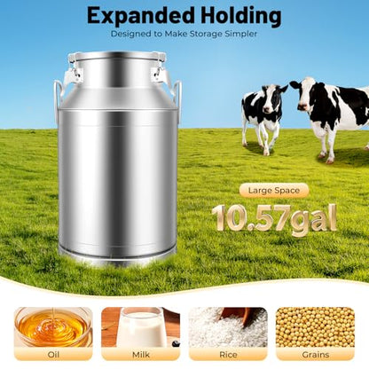 10 Gal Stainless Steel Milk Can with Airtight Lid, 40L Heavy Duty Sealed Bucket for Liquid and Grain Storage for Home Brewing Farm Kitchen Use