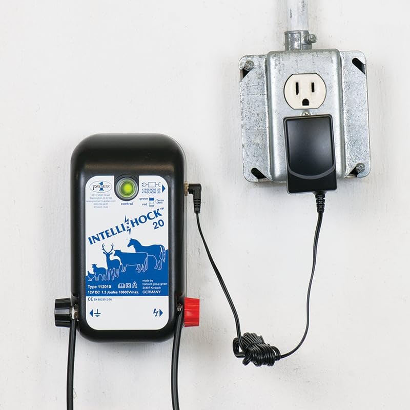 Premier 1 IntelliShock 20 Energizer, Plug-in Kit, 2.0 Joule | Kit includes 100' insulated cable & 2 ground rods. 2.0J powers 16 rolls of sheep/goat nets or 2.5 miles of cattle fence.
