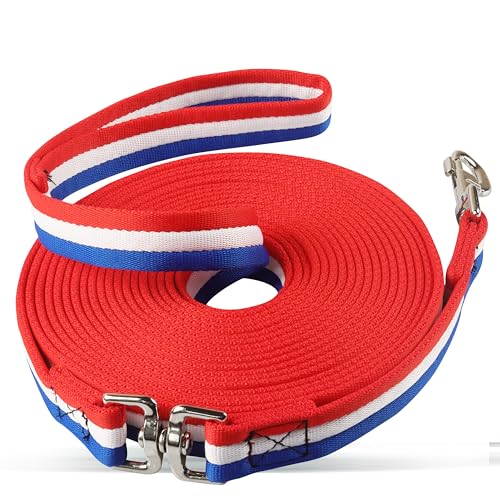 26FT Horse & Dog Training Leash - Lunge Line with 360° Swivel Snaps - color: Red/White/Blue