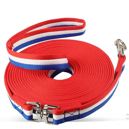 26FT Horse & Dog Training Leash - Lunge Line with 360° Swivel Snaps - color: Red/White/Blue