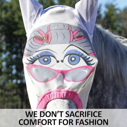 Schneiders Dura-Mesh Designer Fly Horse Masks | Fun Patterns & 70% UV Protection | Durable 1000D Mesh with Ear Coverage & Fleece Comfort - color: Pink, style: Granny