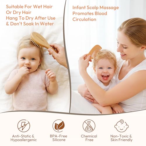 Baby Brush and Comb Set, 4 Piece Wooden Soft Bristle Hairbrush for Newborns | Baby Brush for Cradle Cap, Essentials Care Kit, Baby Shower Gift for Boys & Girls